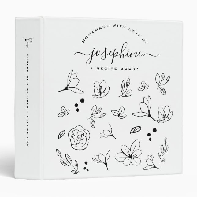 Chic Black white floral Custom recipe Binder (Front/Spine)