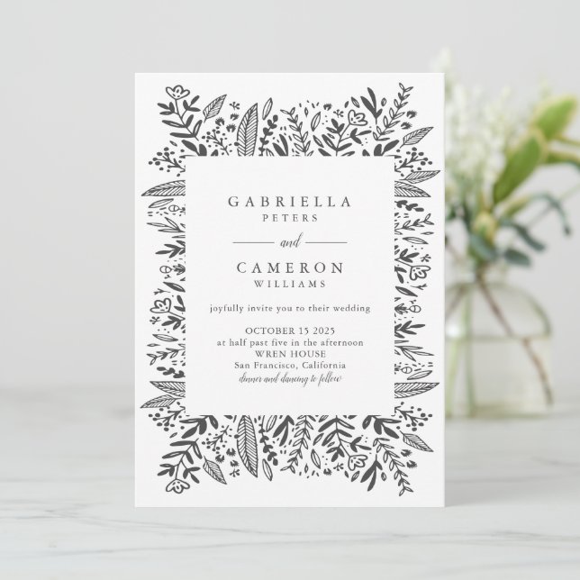 Chic Black White Floral Line Art Drawing Wedding  Invitation (Standing Front)