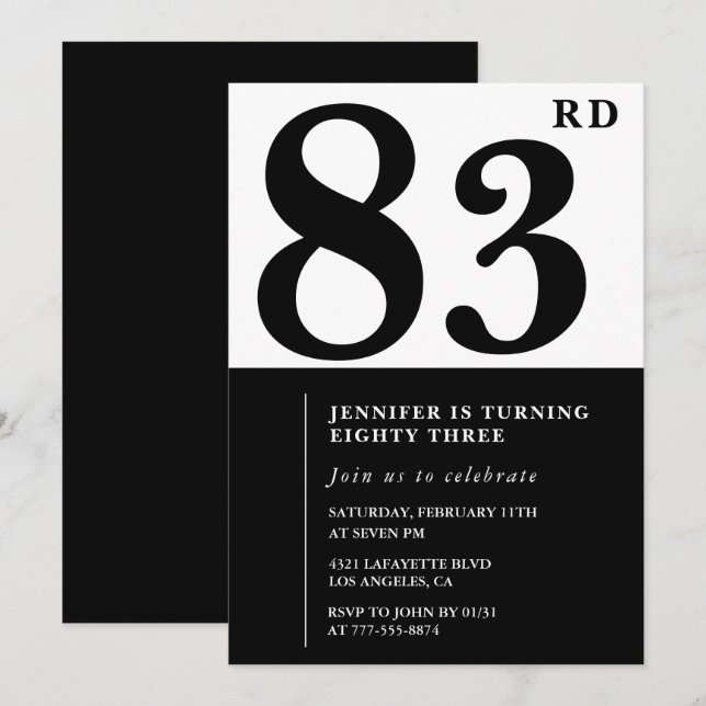 Chic Black White for her 83rd birthday Invitation (Front/Back)