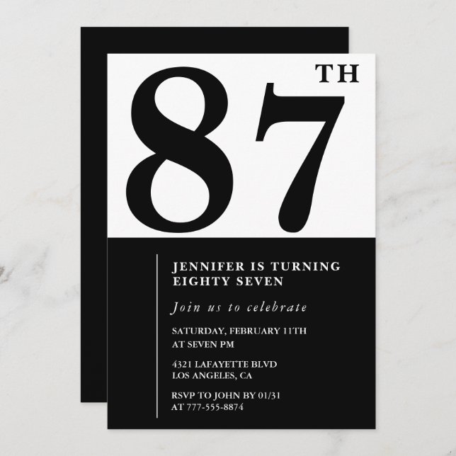 Chic Black White for her 87th birthday Invitation (Front/Back)