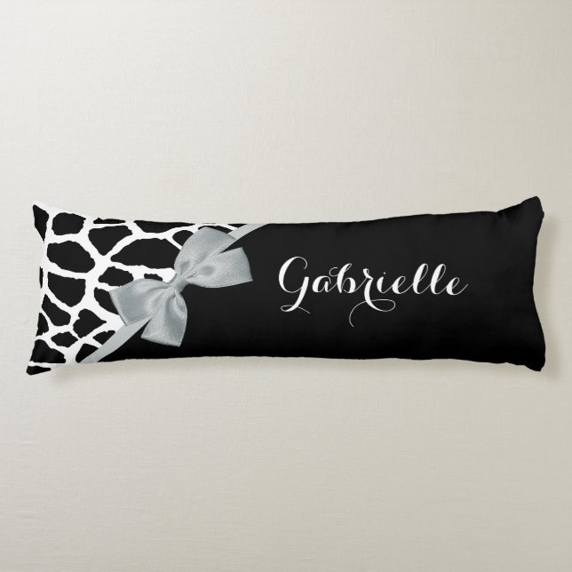 Chic Black White Giraffe Print Silver Bow and Name Body Pillow (Front)