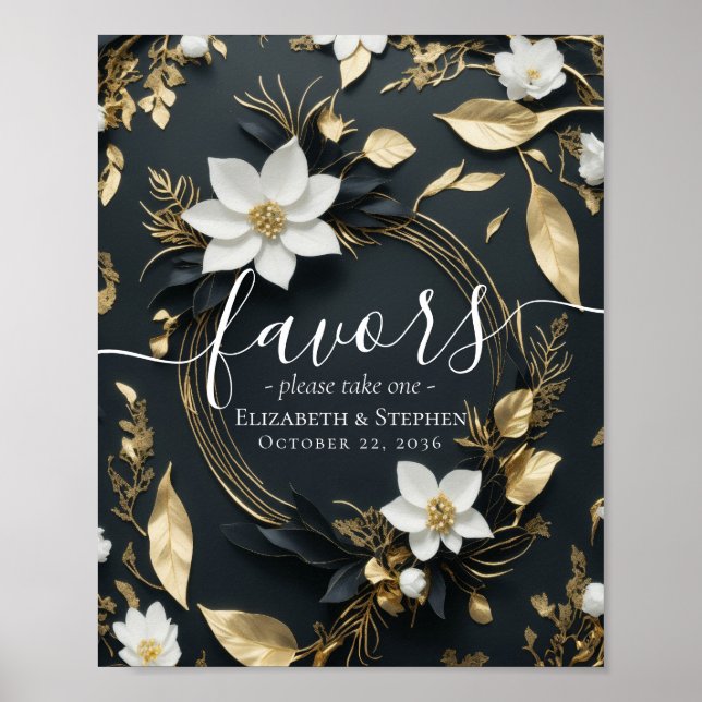 Chic Black White Gold Floral Wreath Wedding Favour Poster (Front)