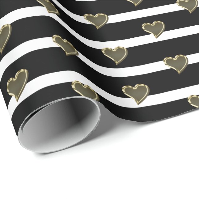 Chic black white gold hearts stripes modern wrapping paper (Roll Corner)