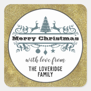 Chic Black White Gray Merry Christmas Gold Glitter Square Sticker
