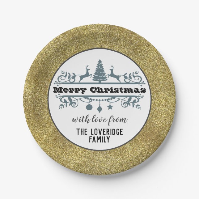 Chic Black White Grey Merry Christmas Gold Glitter Paper Plate (Front)