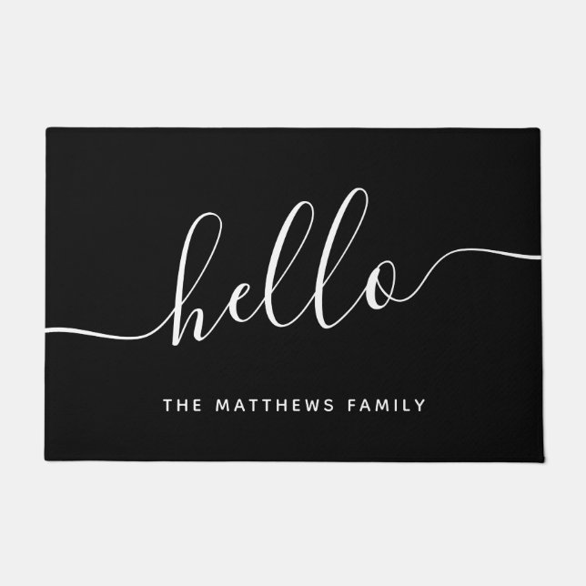 Chic Black White Hello Script Family Name Welcome Doormat (Front)