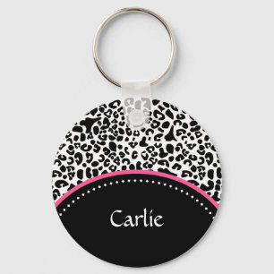 Chic Black White Leopard Print Pink Accent Name Keychain