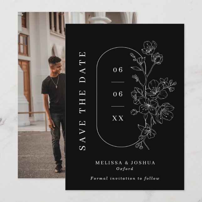 Chic Black & White Line Drawn Floral Photo Wedding Save The Date (Front/Back)