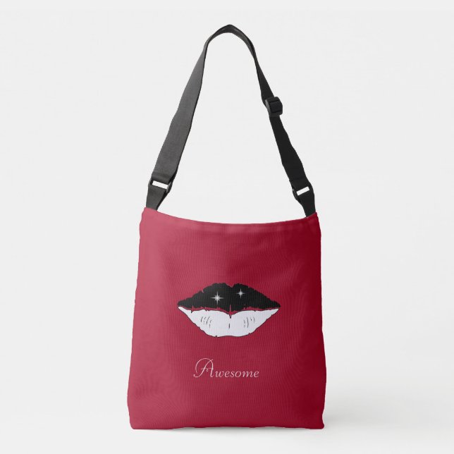 Chic black & white lips & calligraphy on burgundy crossbody bag (Front)