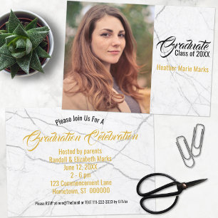 Chic Black White Marble Gold Photo Graduation Invitation
