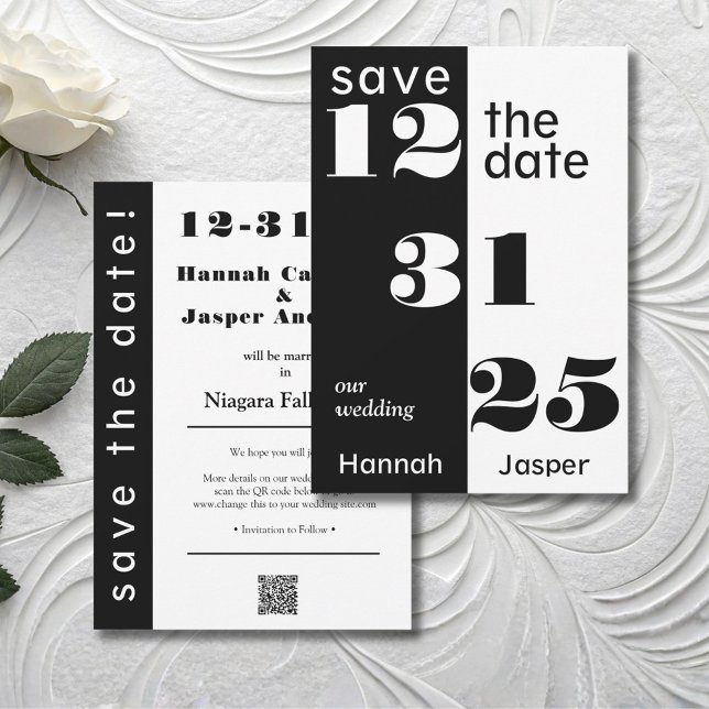 Chic Black & White New Year's Eve Wedding  Save The Date (Bold and Modern Chic Save the Date for a New Year's Eve Wedding)