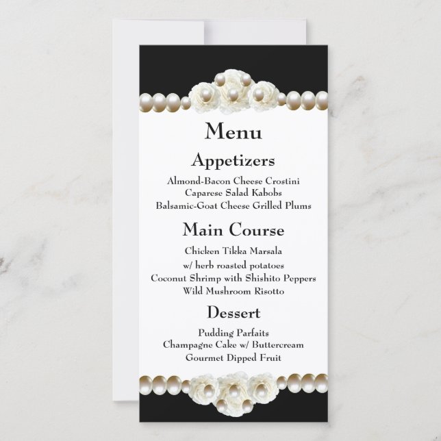 Chic Black & White Pearl Wedding Menu (Front)