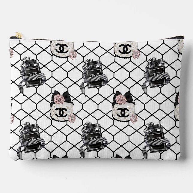 Chic Black & White Perfume Pattern Makeup Pouch (Front)