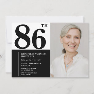 Chic Black White Photo 86th Birthday Invitation