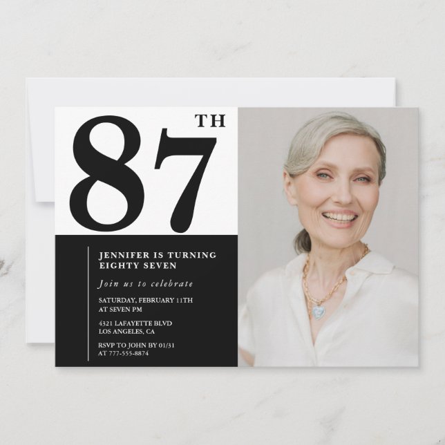 Chic Black White Photo 87th Birthday Invitation (Front)