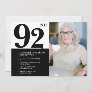 Chic Black White Photo 92nd Birthday Invitation