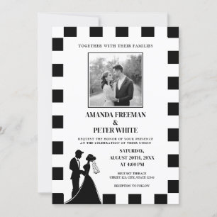 Chic Black & White Photo Chequered Couple Wedding Invitation