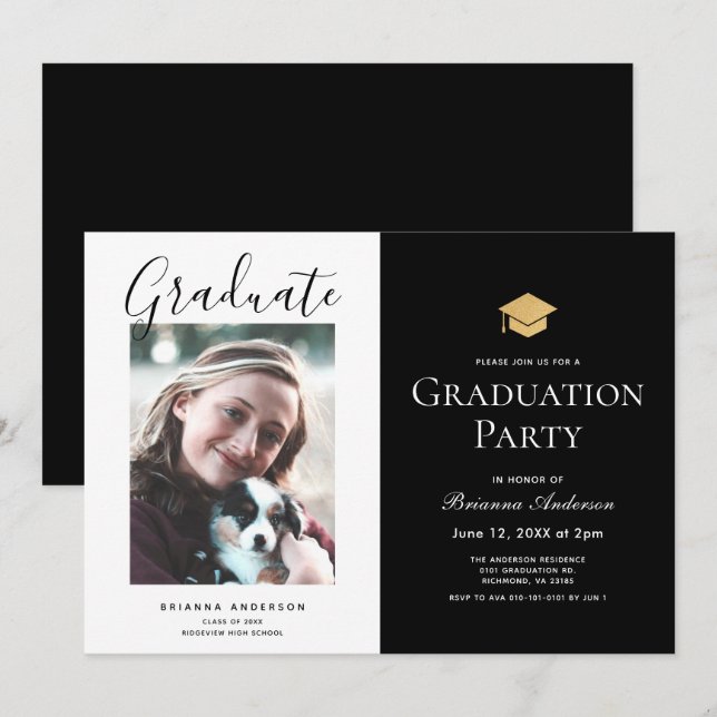 Chic Black & White Photo Graduation Party Invitation (Front/Back)