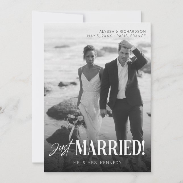 Chic Black & White Photo Typography Just Married Invitation (Front)