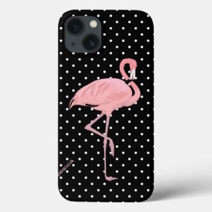 Chic Black & White Polka Dot with Pink Flamingo iPhone 13 Case