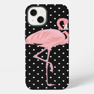 Chic Black & White Polka Dot with Pink Flamingo iPhone 13 Case
