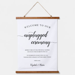 Chic Black & White Script Unplugged Ceremony Sign Hanging Tapestry