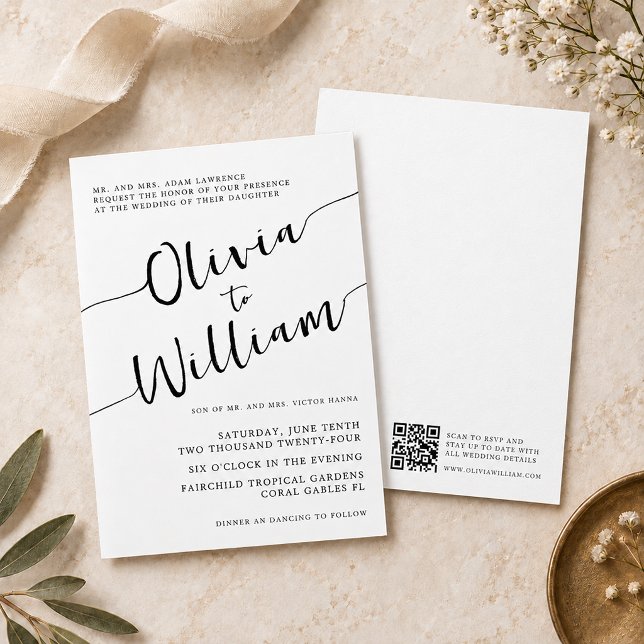 Chic Black White Script Wedding Invitation (script wedding invitation)