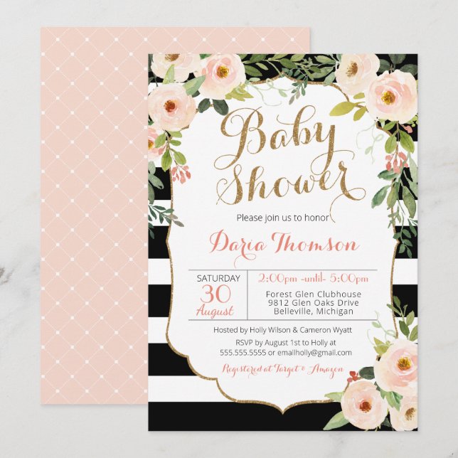 Chic Black White Stripe & Blush Floral Baby Shower Invitation (Front/Back)