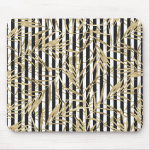 Chic black white stripe faux gold tropical floral mouse pad