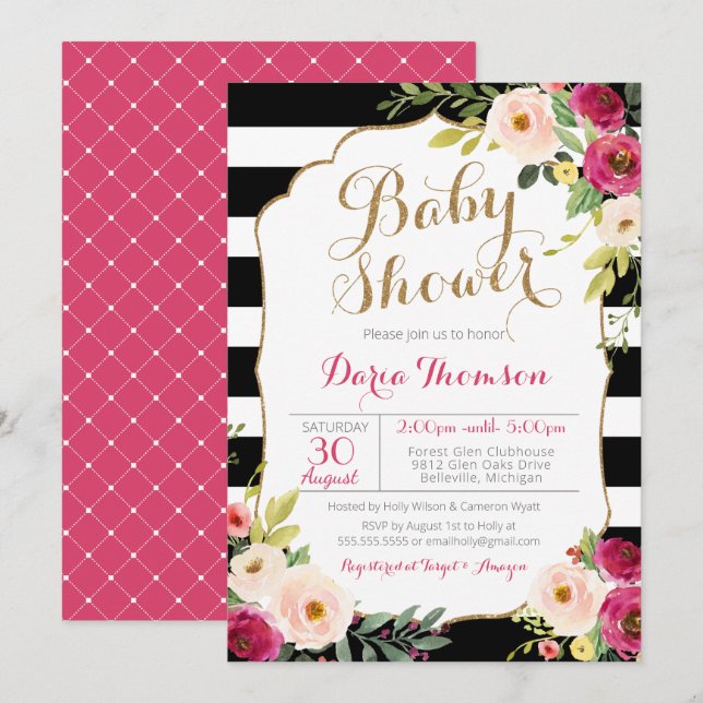 Chic Black & White Stripe Pink Floral Baby Shower Invitation (Front/Back)