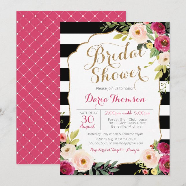 Chic Black White Stripe Pink Floral Bridal Shower Invitation (Front/Back)