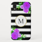 Chic Black White Stripe Watercolor Floral Monogram