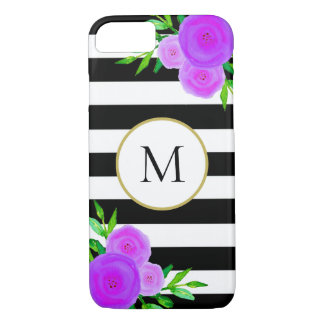 Chic Black White Stripe Watercolor Floral Monogram Case-Mate iPhone Case