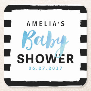 Chic Black & White Stripes Blue Baby Shower Square Paper Coaster