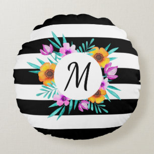 Chic Black White Stripes Floral  Custom Monogram Round Pillow