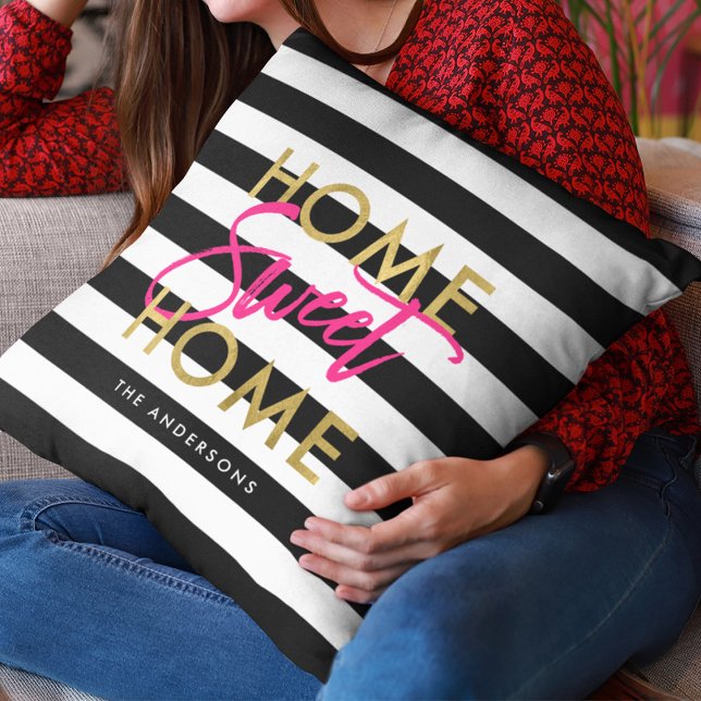 Chic Black & White Stripes Gold Home Sweet Home Throw Pillow (Creator Uploaded)