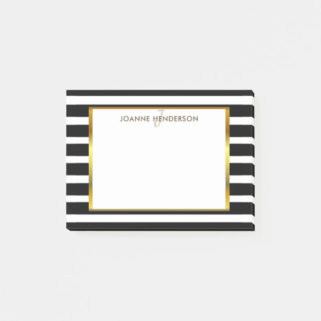 Chic Black & white stripes gold monogram name Post-it Notes (Front)