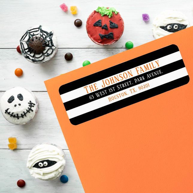 Chic Black White Stripes Halloween Adresse de reto (Chic Black White Stripes Halloween Return Address Label)