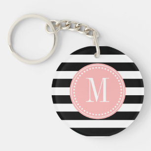 Chic Black & White Stripes Personalized Monogram Keychain