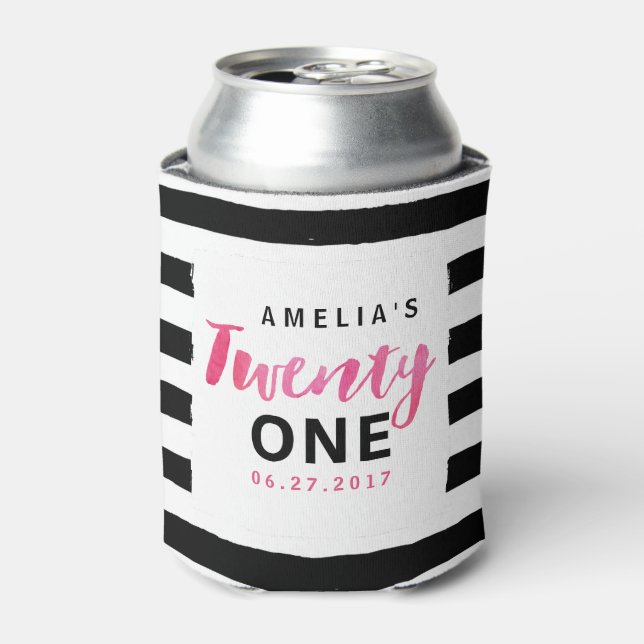 Chic Black & White Stripes Pink 21st Birthday Can Cooler (Can Front)