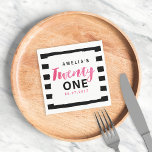 Chic Black & White Stripes Pink 21st Birthday Napkin<br><div class="desc">Impress your guests with this personalized chic Twenty First Birthday napkin featuring a stylish black and white stripes background and the word "Twenty" in script pink watercolor. Check out the matching Twenty First Birthday Invitation in my store http://www.zazzle.com/chic_black_and_white_21st_birthday_invitation-256536077939828684?rf=238364477188679314 Personalize it by replacing the placeholder text. For more options such as...</div>