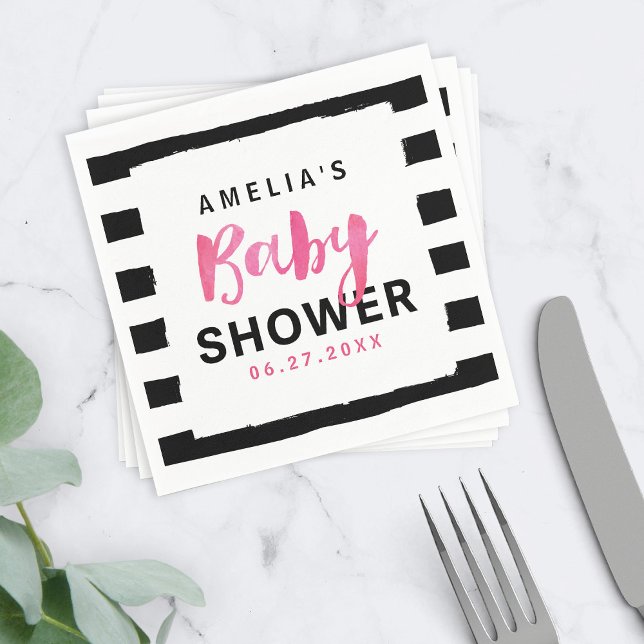 Chic Black & White Stripes Pink Baby Shower Napkin (Creator Uploaded)