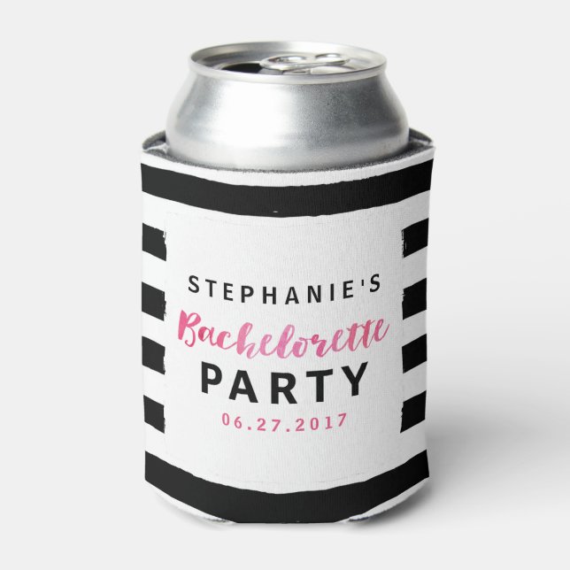 Chic Black & White Stripes Pink Bachelorette Party Can Cooler (Can Front)