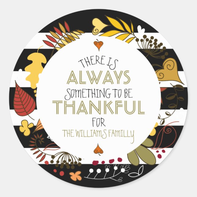Chic Black & White Stripes Thanksgiving Wreath Classic Round Sticker (Front)