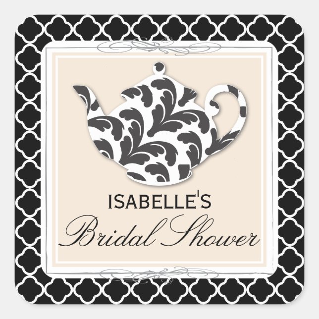 Chic Black White Teapot Bridal Shower Tea Sticker (Front)