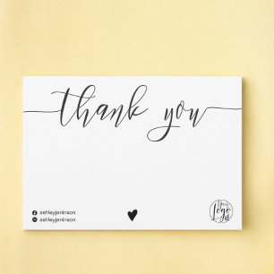 Chic black white thank you script logo qr code card