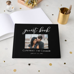 Chic Black White Typography Photo Modern Wedding Guest Book