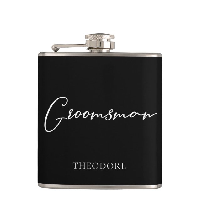 Chic Black White Wedding Modern Custom Groomsman Hip Flask (Front)
