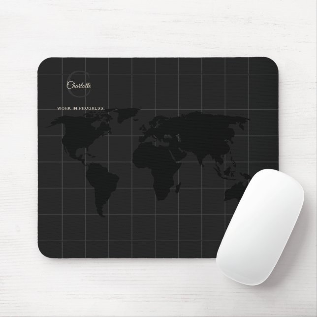 Chic Black White World Map Monogram Name Mouse Pad (With Mouse)