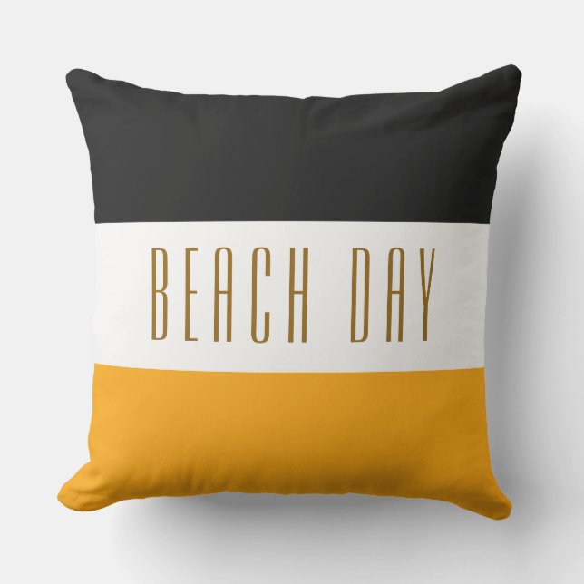 Chic Black White Yellow Stripes BEACH DAY Text  Outdoor Pillow (Front)
